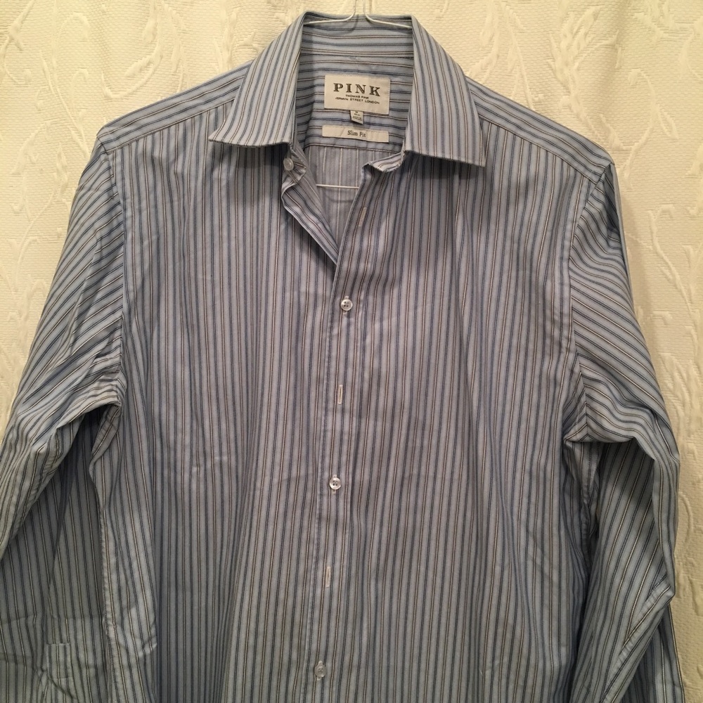 Men’s blue striped button slim fit down 16/ 14cm